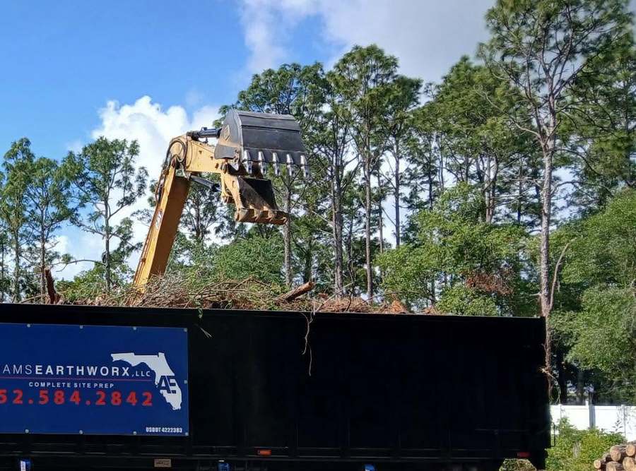 Adams Earthworx excavator loading cleared trees and debris into the dump truck
