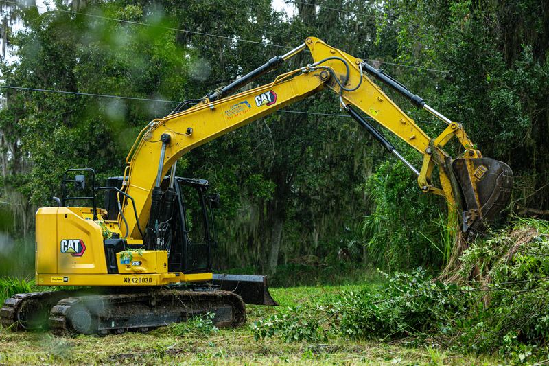 Sam Adams reaching into heavy brush with the CAT excavator